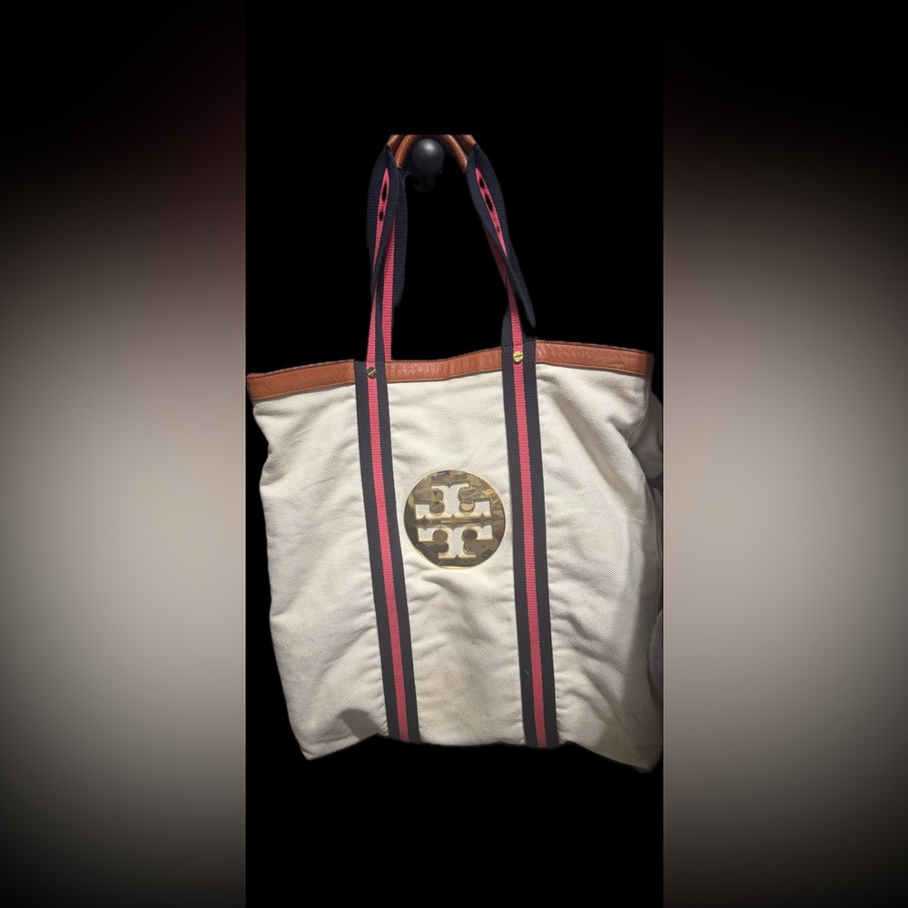 Tory Burch Cream Canvas Tote with Navy and Pink Straps